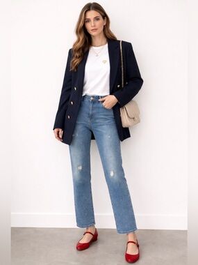 Stella McCartney Made in Italy Mid Rise Distressed Straight Blue Stretch Jeans 2